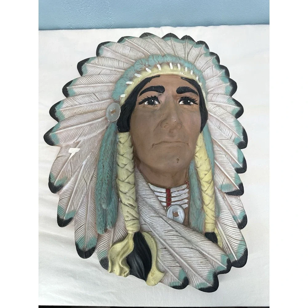 Vintage Native American Indian Plaque Ceramic Art Hand Painted Chief Chipped